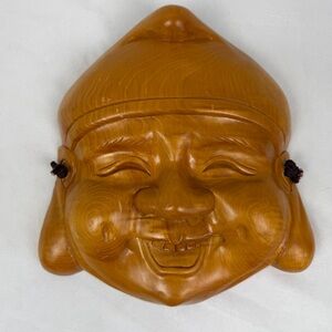 VTG Carved Wooden Mask of Ebisu, Japanese God of Luck Good Fortune Decor 9.5"